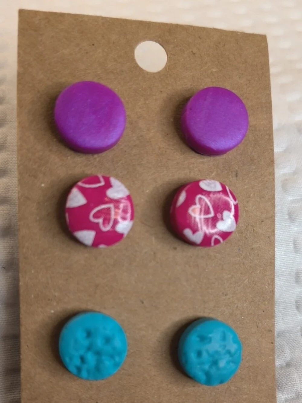 Kids 3-Pair Stud Clay Earring Set in Purple, Pink & Teal